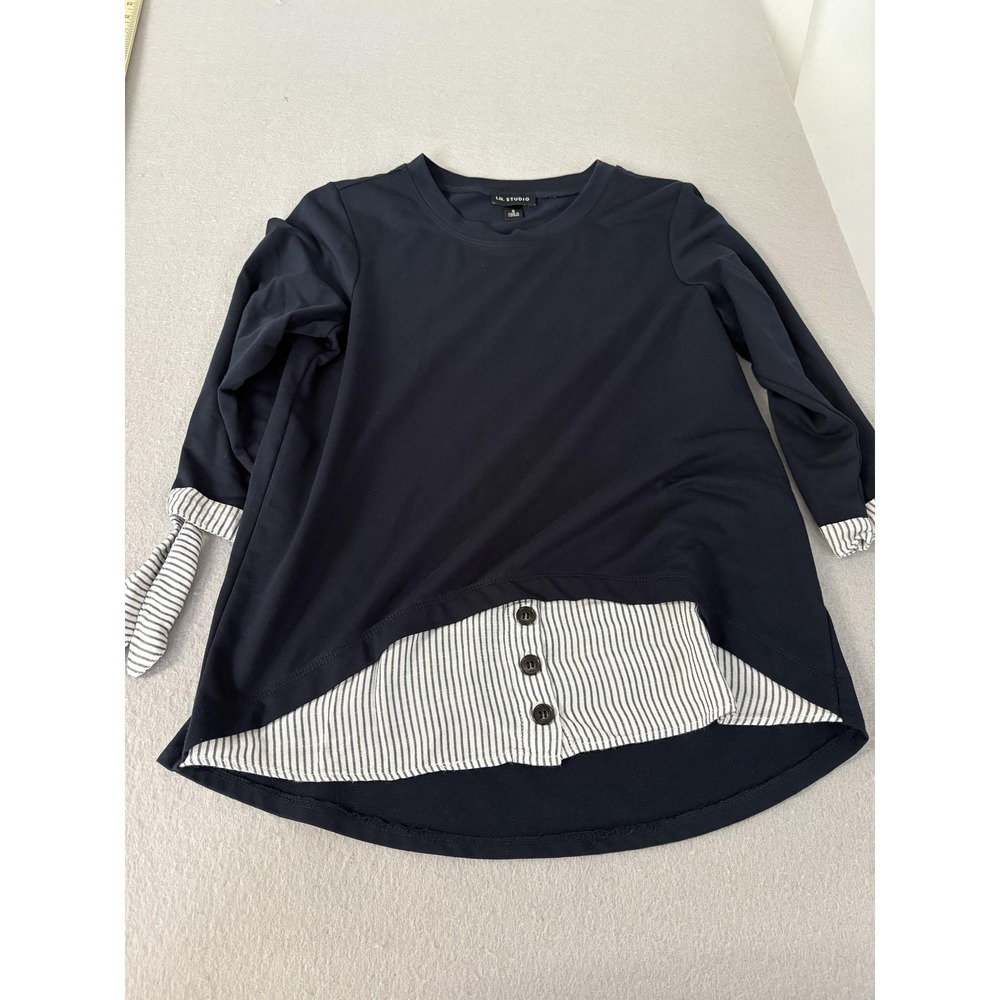 IN Studio Shirt Womens Small Striped Button Front Tie Cuff Pullover Top